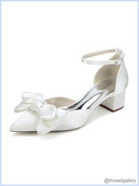 Satin Low Block Heel Wedding Pumps Closed Toe Bow Bridal Shoes